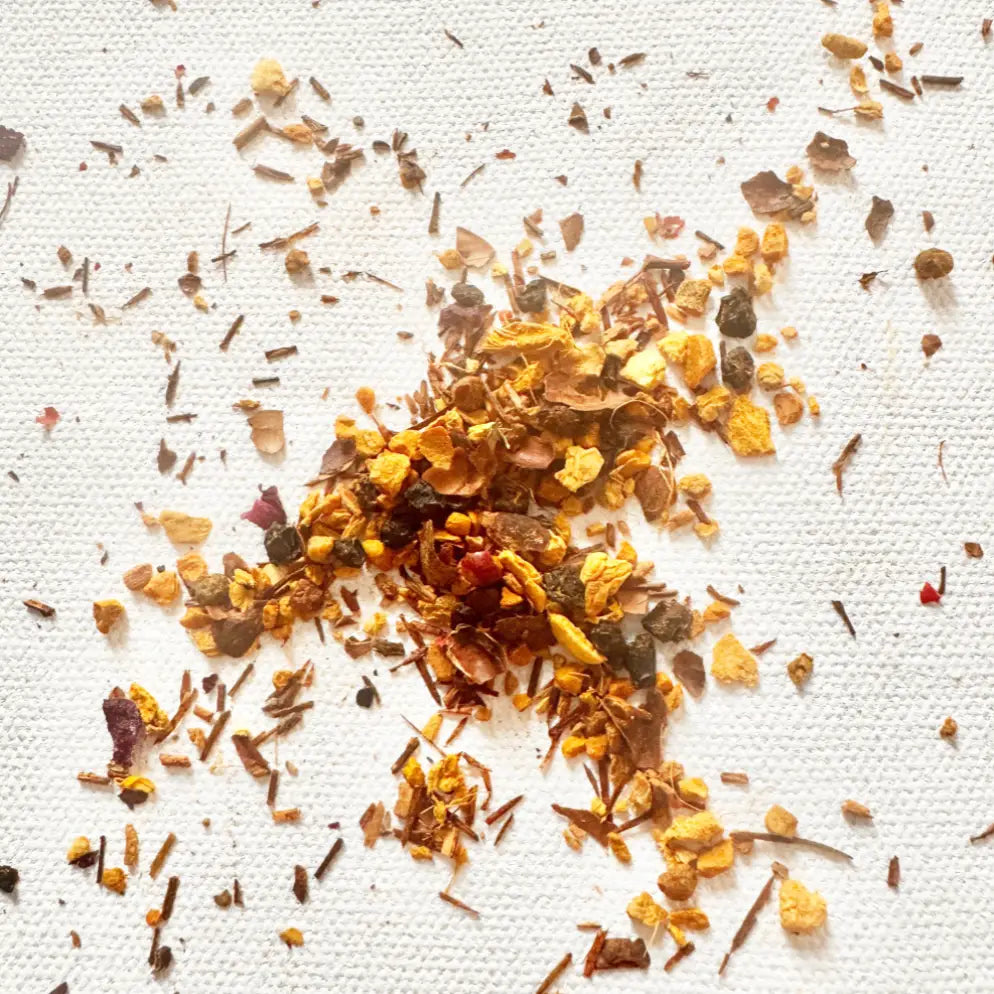 Spices and herbs on a textured white surface