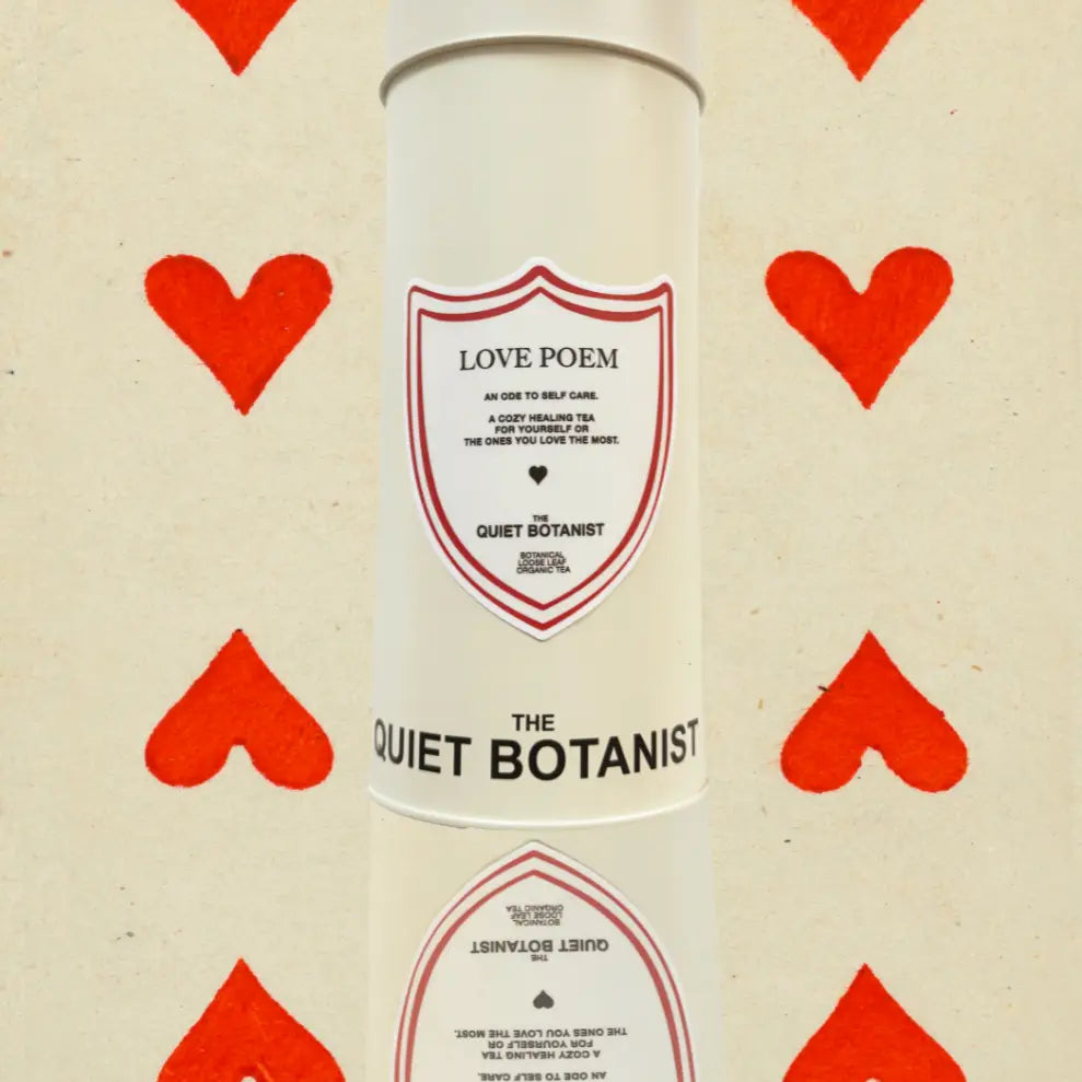 The Quiet Botanist product with red hearts on a beige background