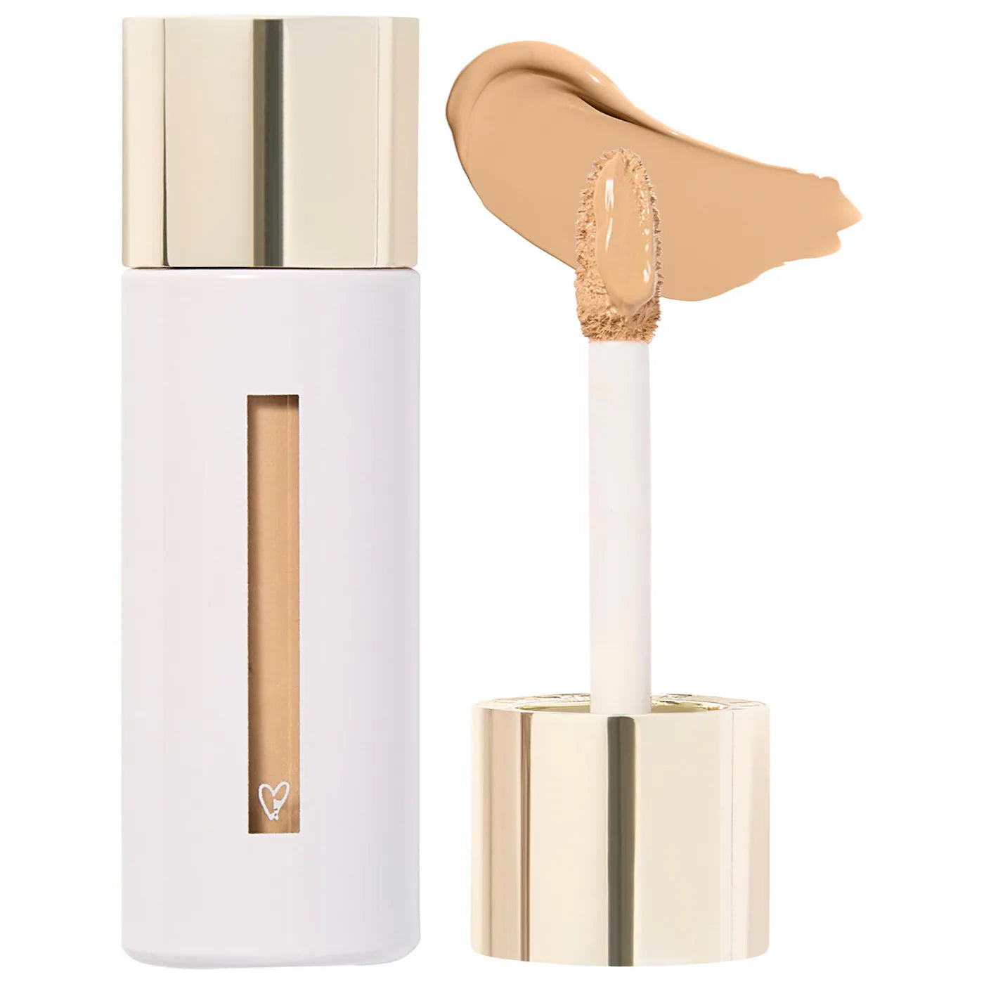 Cosmetic concealer with applicator and swatch on a white background