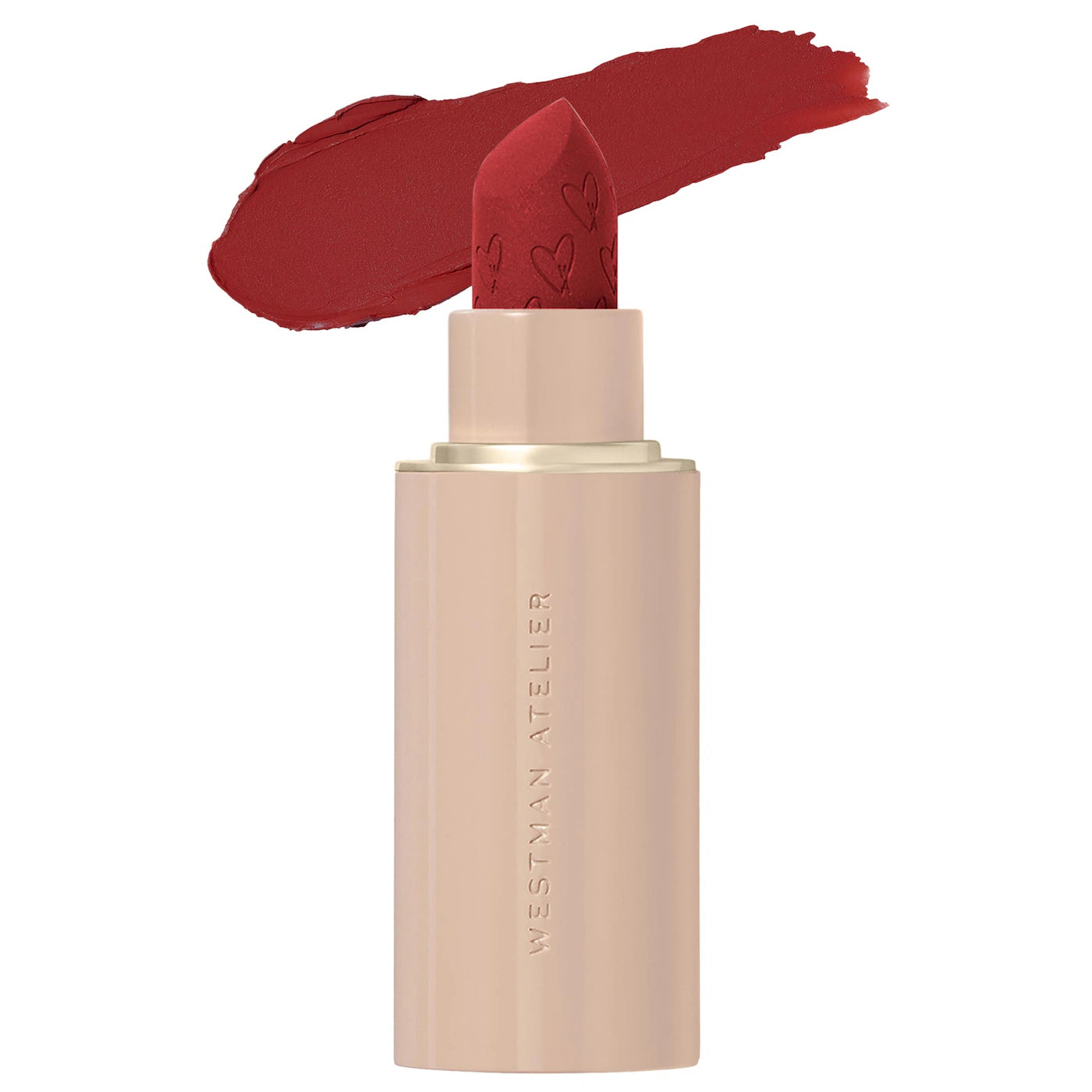 Lipstick with pink shade and visible brand name on a white background