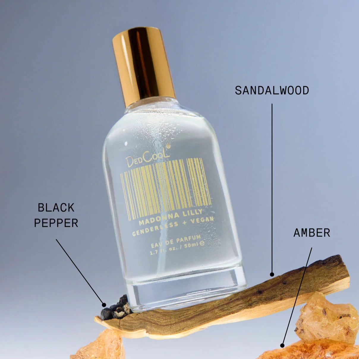 A bottle of Madonna Lily, with black pepper, amber, and sandalwood