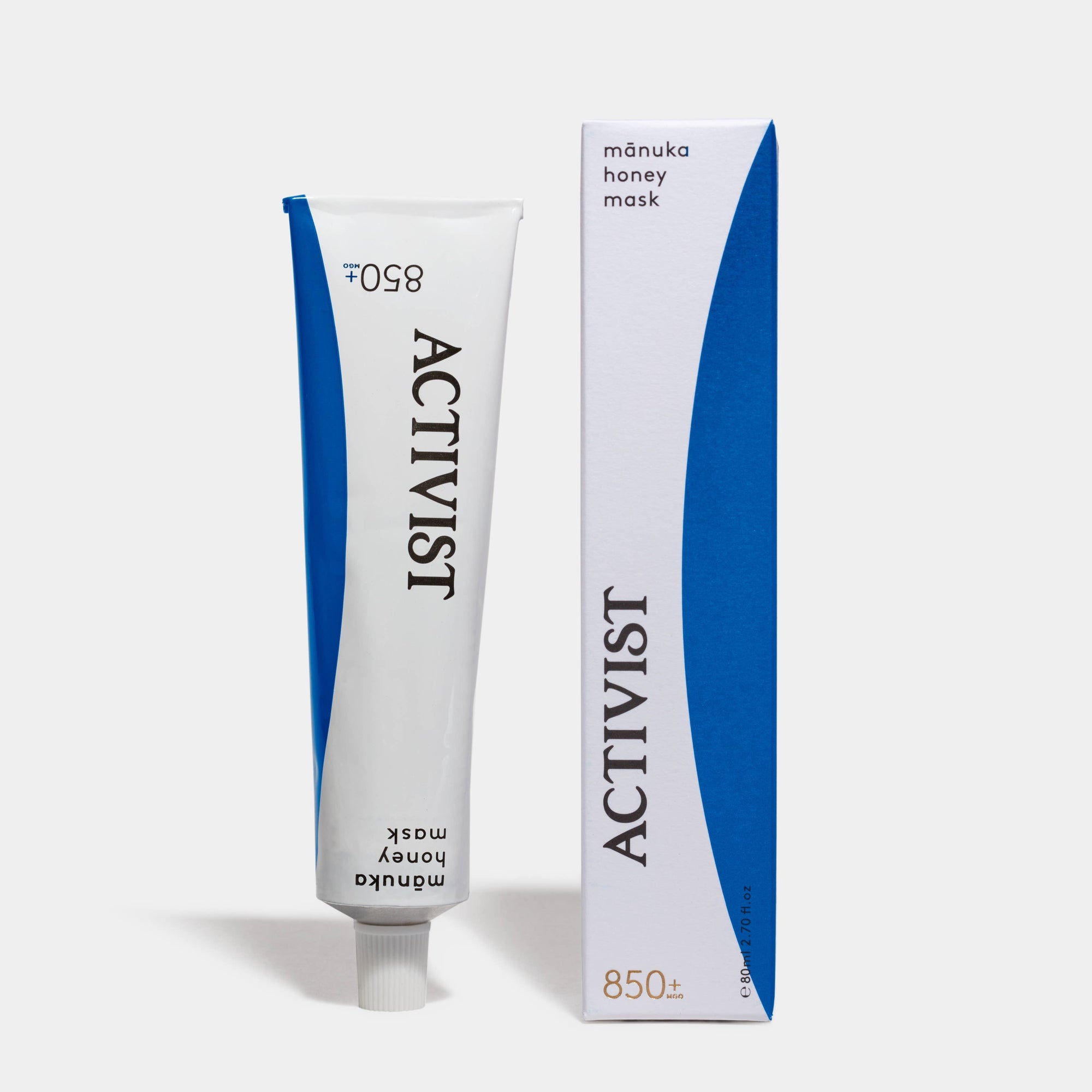 Activist manuka honey mask tube and packaging on a white background