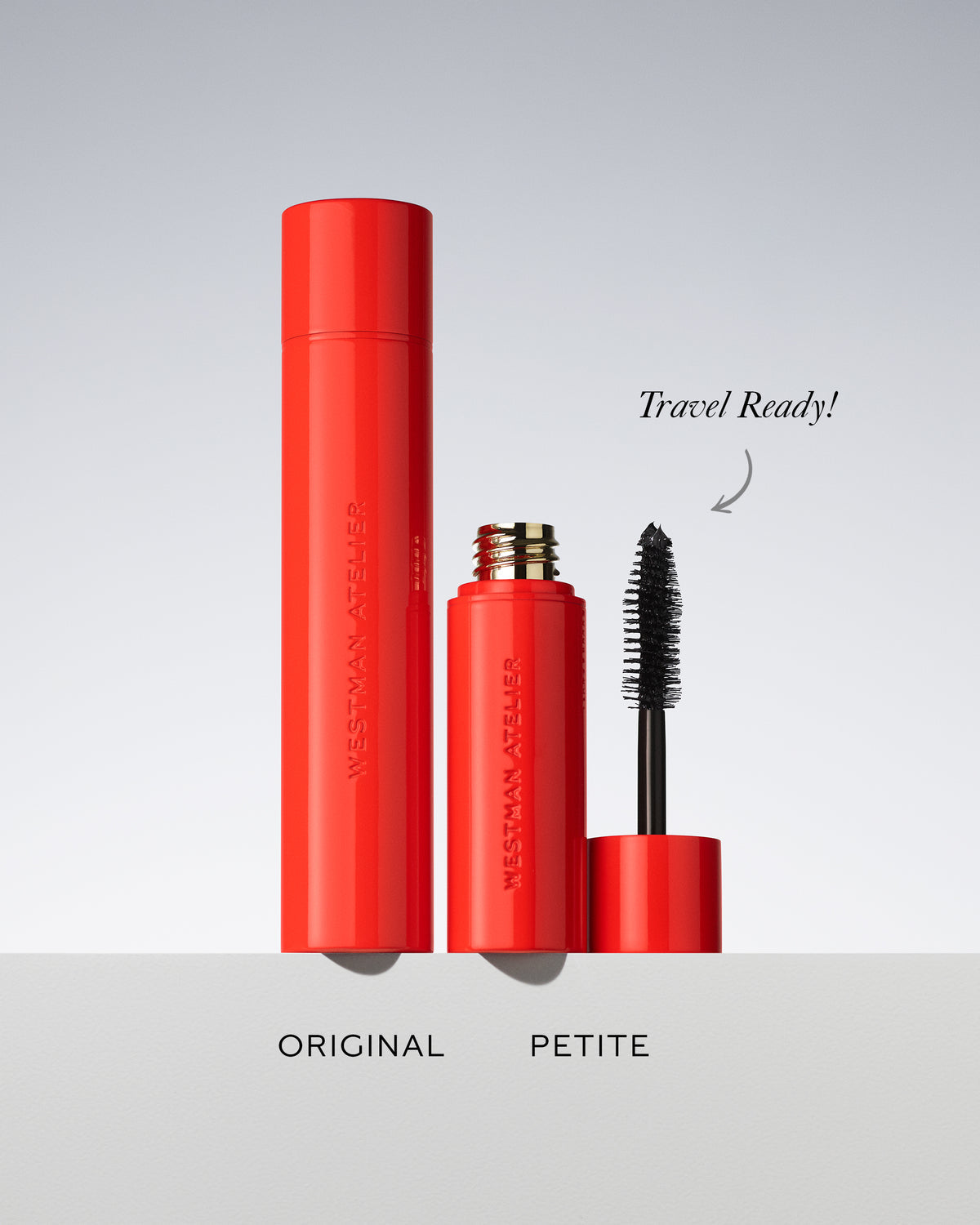 Red mascara with 'Petite' variant on a gray background