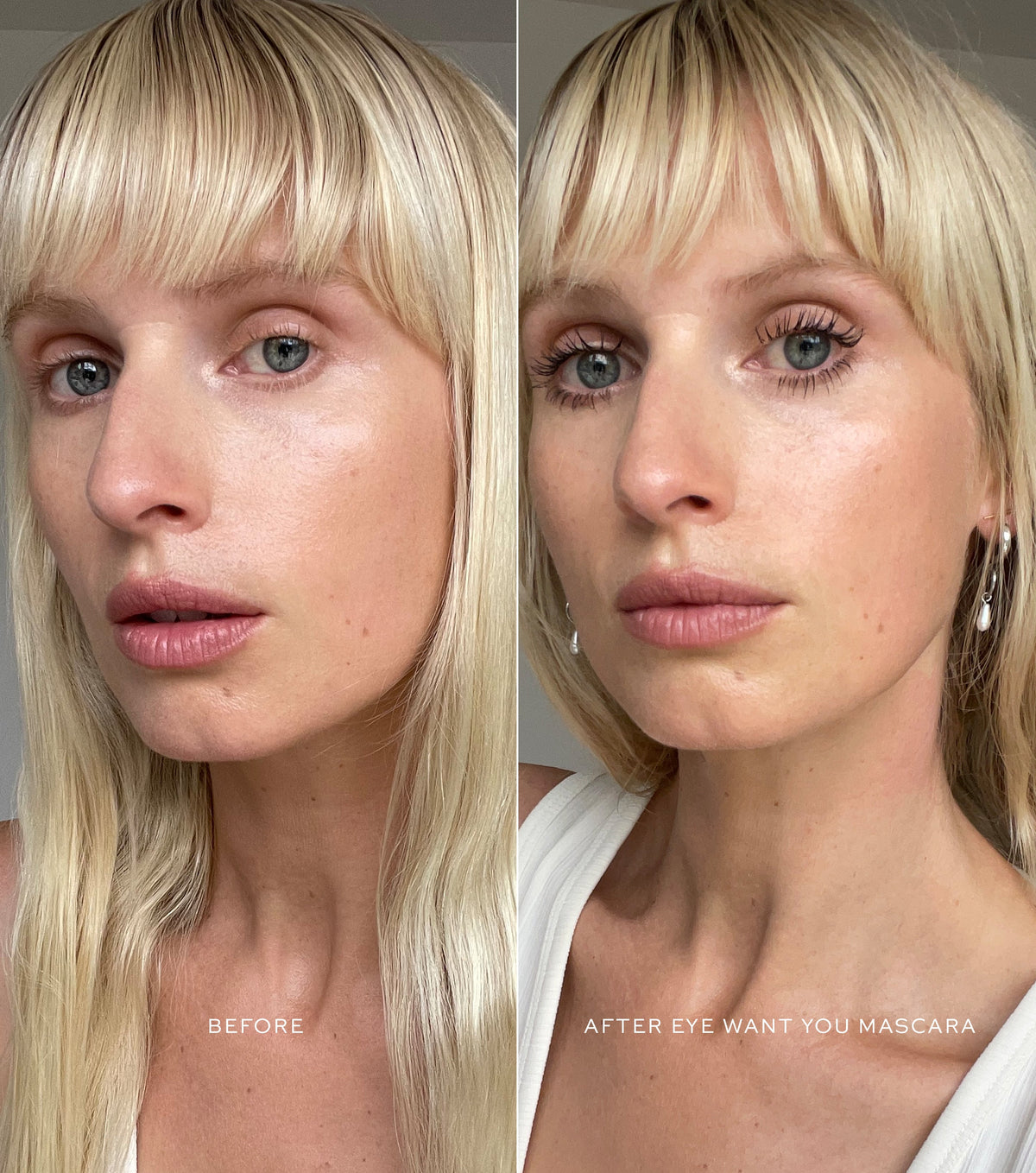 Before and after comparison of a woman's face with 'Before' and 'After' text on a neutral background.