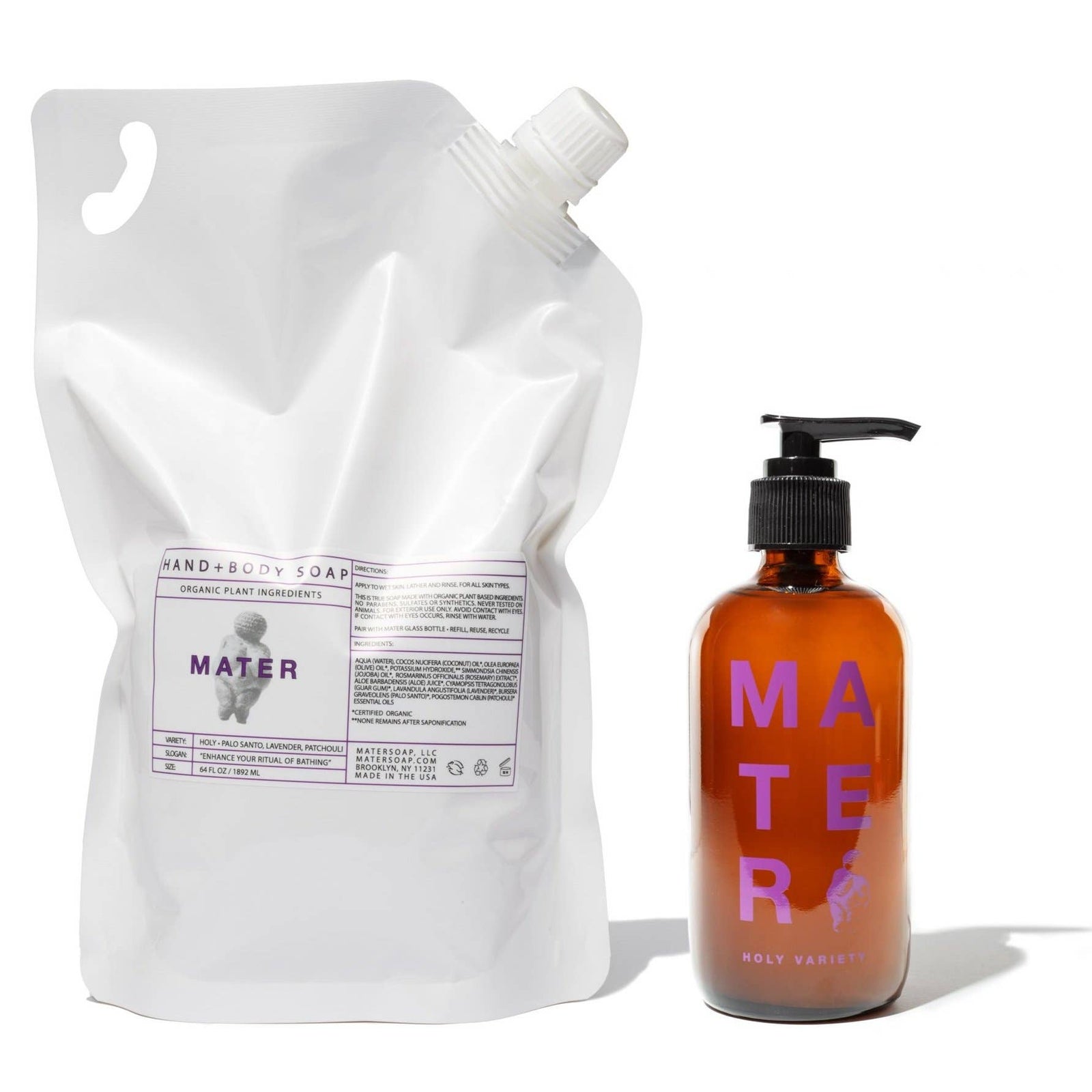 A white pouch labeled 'Mater hand+body soap refill' with a black pump next to it, indicating it is a soap refill product.