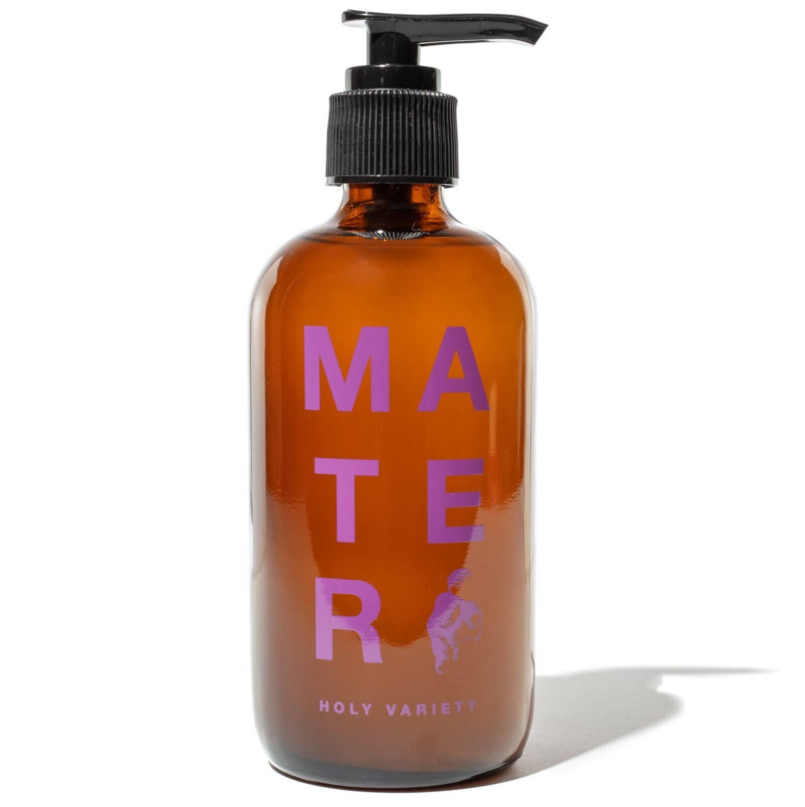 A brown glass bottle with a black pump dispenser labeled 'Mater' with a purple and white text, indicating the 'Holy Variety' line.