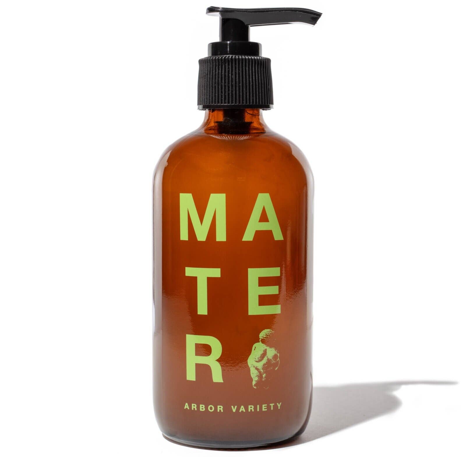 A brown glass bottle with a black pump, labeled 'MATER' in large green letters and 'ARBOR VARIETY' in smaller green lettering.