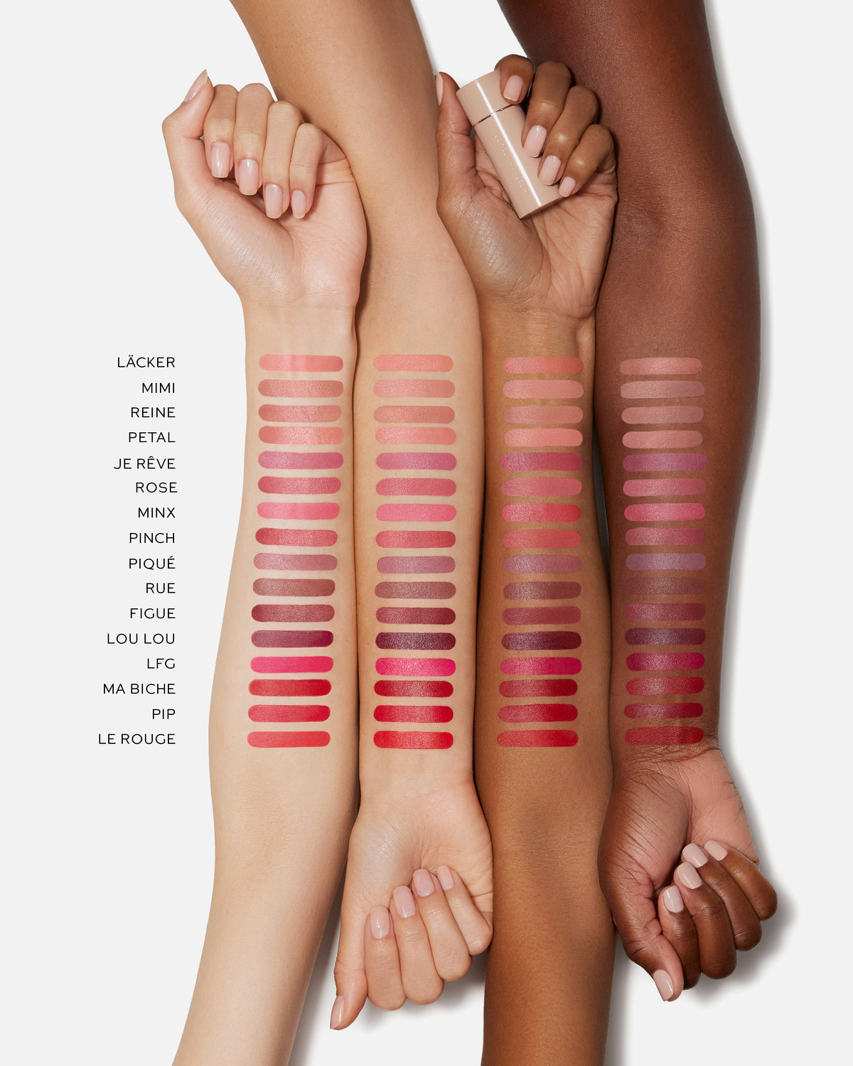 Three arms with lipstick swatches on a white background