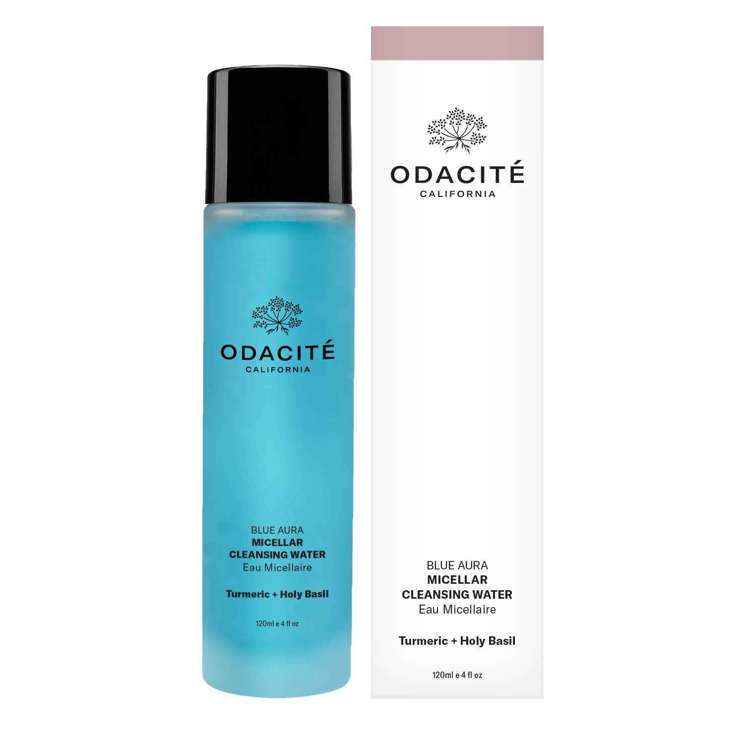 A blue bottle of Odacite Blue Aura Micellar Cleansing Water with white and black text, and a floral design near the cap.