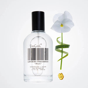 A bottle of dedcool milk layering fragrance, with a flower and lime peel