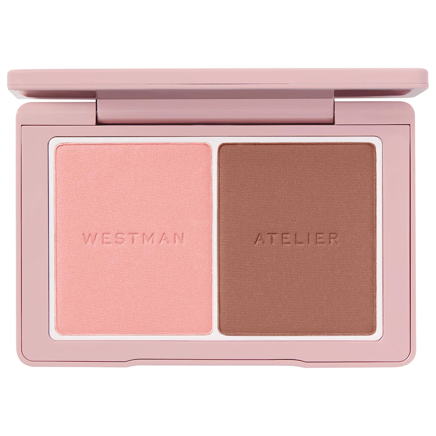Makeup palette with two shades of blush in a pink case, featuring the brand 'Westman Atelier'.