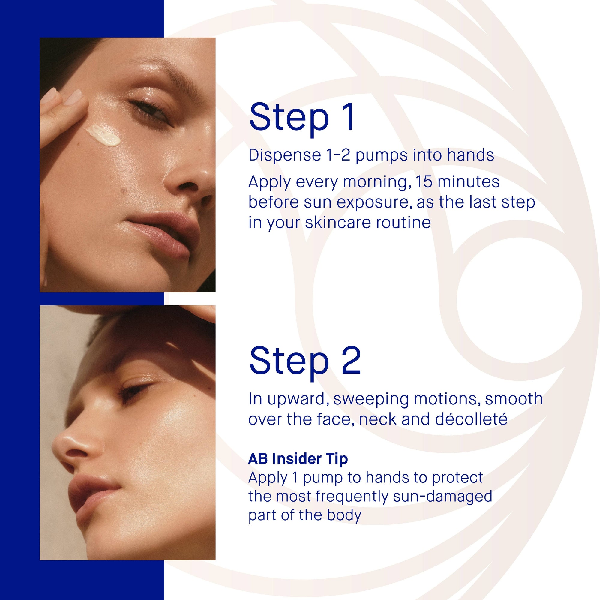 Instructions for applying a skincare product with images of a woman's face.