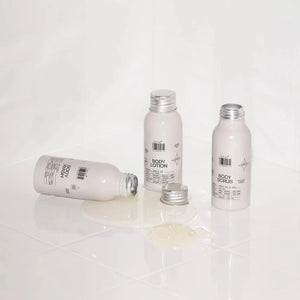 Three white bottles labeled 'Body Lotion' on a reflective white surface.