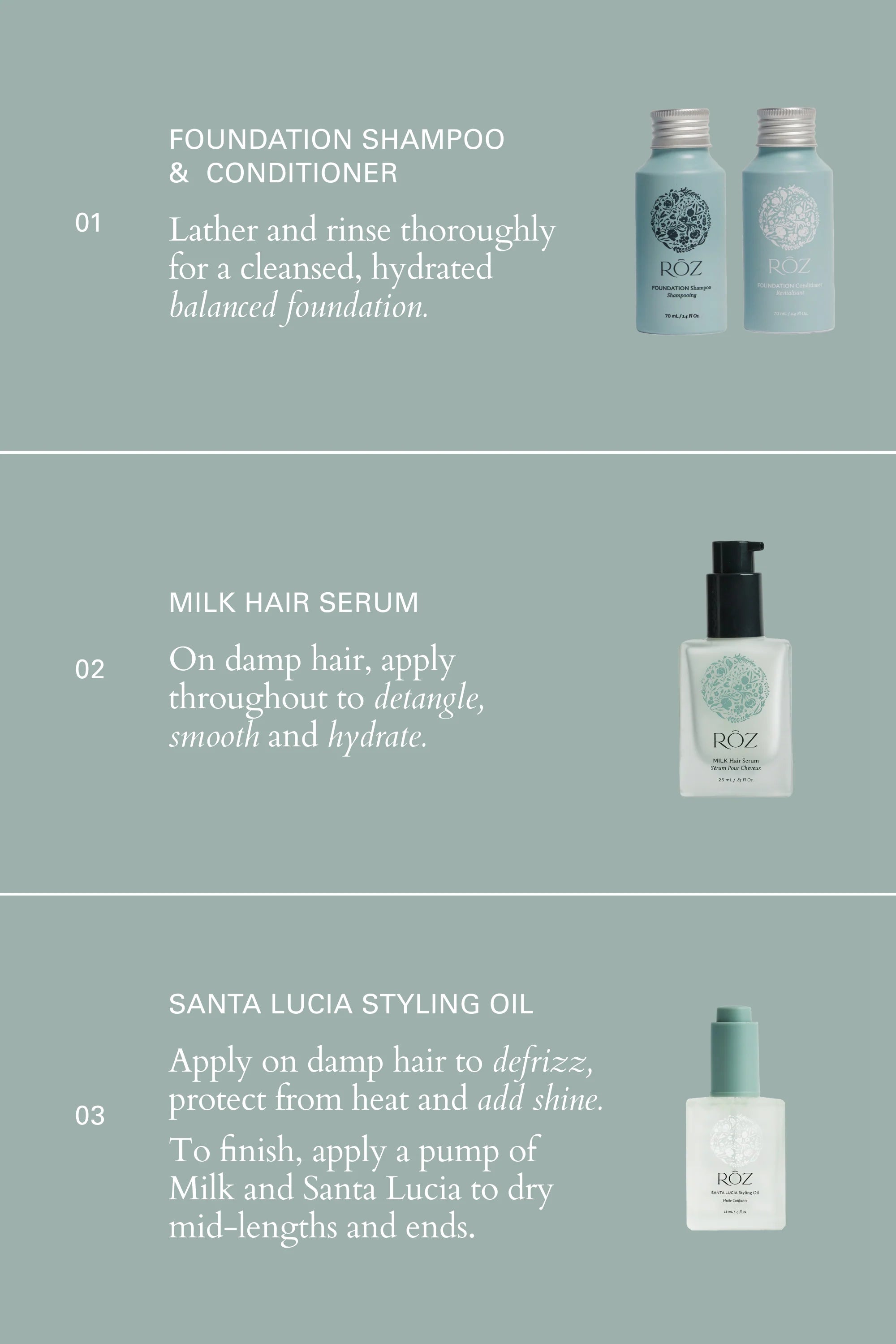 Hair care product set with bottles and text instructions on a light green background