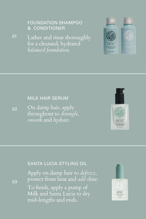 Hair care product set with bottles and text instructions on a light green background
