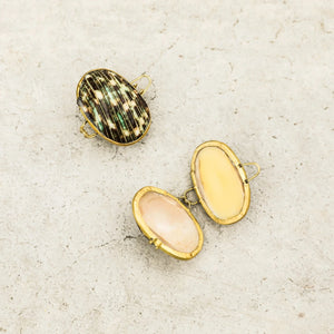 Two seashells on a beige surface.