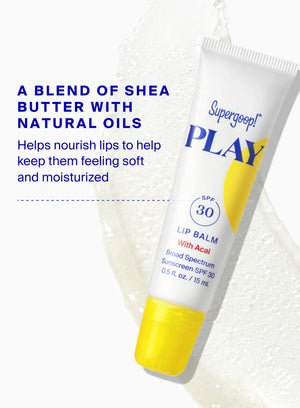 Supergoop! Play lip balm tube with shea butter and natural oils on a white background