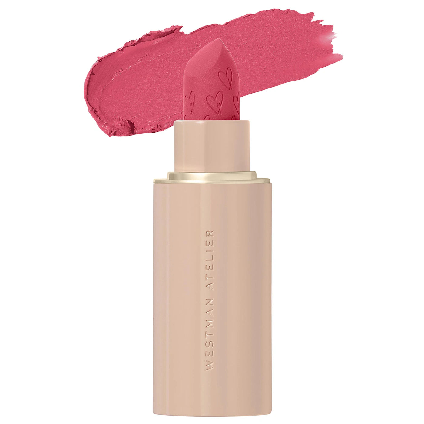 Lipstick with pink shade and visible brand name on a white background