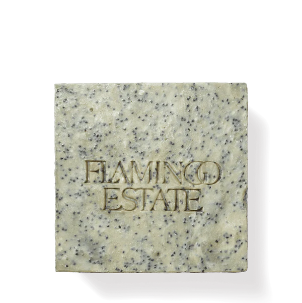 A bar of morning exfoliating soap, made by Flamingo Estate in Los Angeles