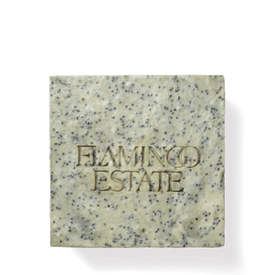 A bar of morning exfoliating soap, made by Flamingo Estate in Los Angeles
