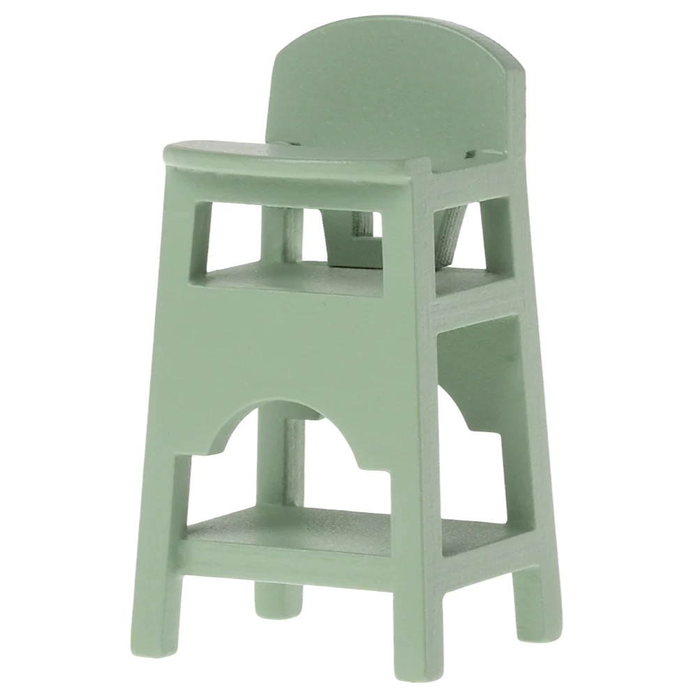 A small, toy high chair for mice in a mint green color, made of wood.