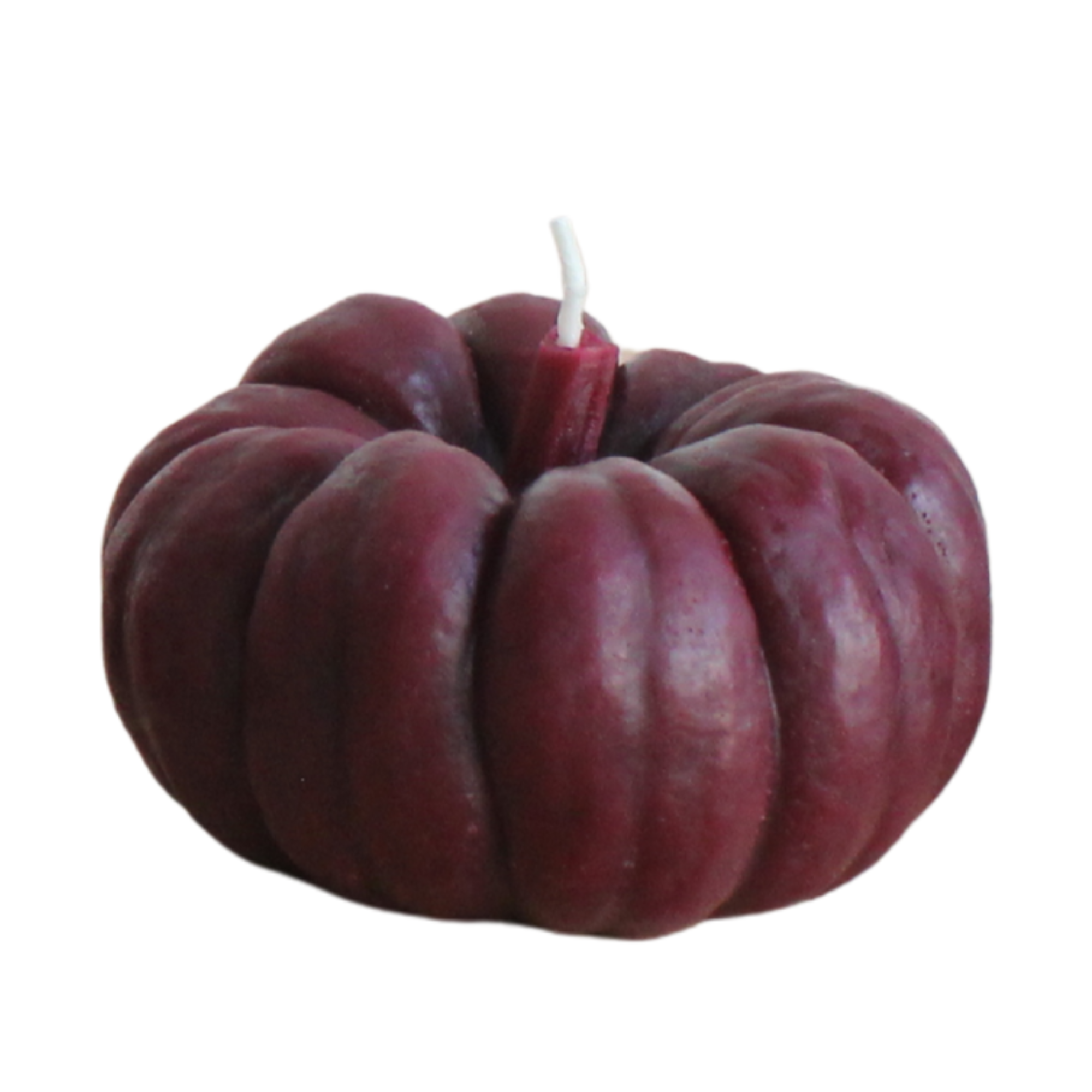 Maroon pumpkin-shaped candle on a white background
