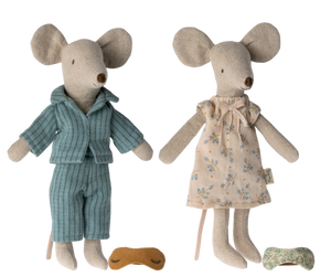 Two mouse dolls, one in a outfit and the other in a dress, on a white background.