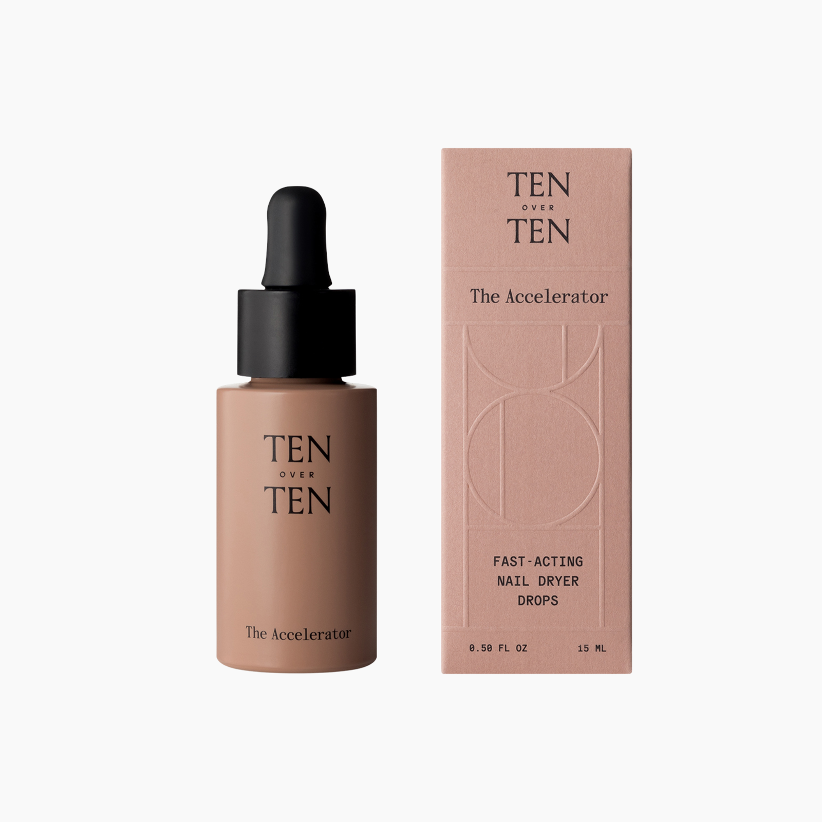 Bottle and box of TEN OVER TEN nail dryer drops on a white background