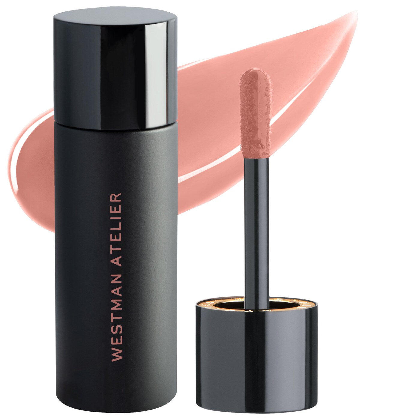 A photo of Westman Atelier Squeaky Clean Liquid Lip Balm with the container to the left and the applicator wand to the right, showing a translucent pink color.