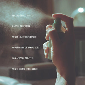 A hand holding and spraying a bottle of third rose deodorant spray