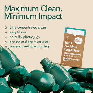 A pack of kind laundry detergent sheets with empty plastic detergent jugs. Maximum clean, minimum impact. 