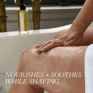 A picture of a person sitting by the bathtub with a bottle of Jazeena shave serum. Nourishes and soothes while shaving.