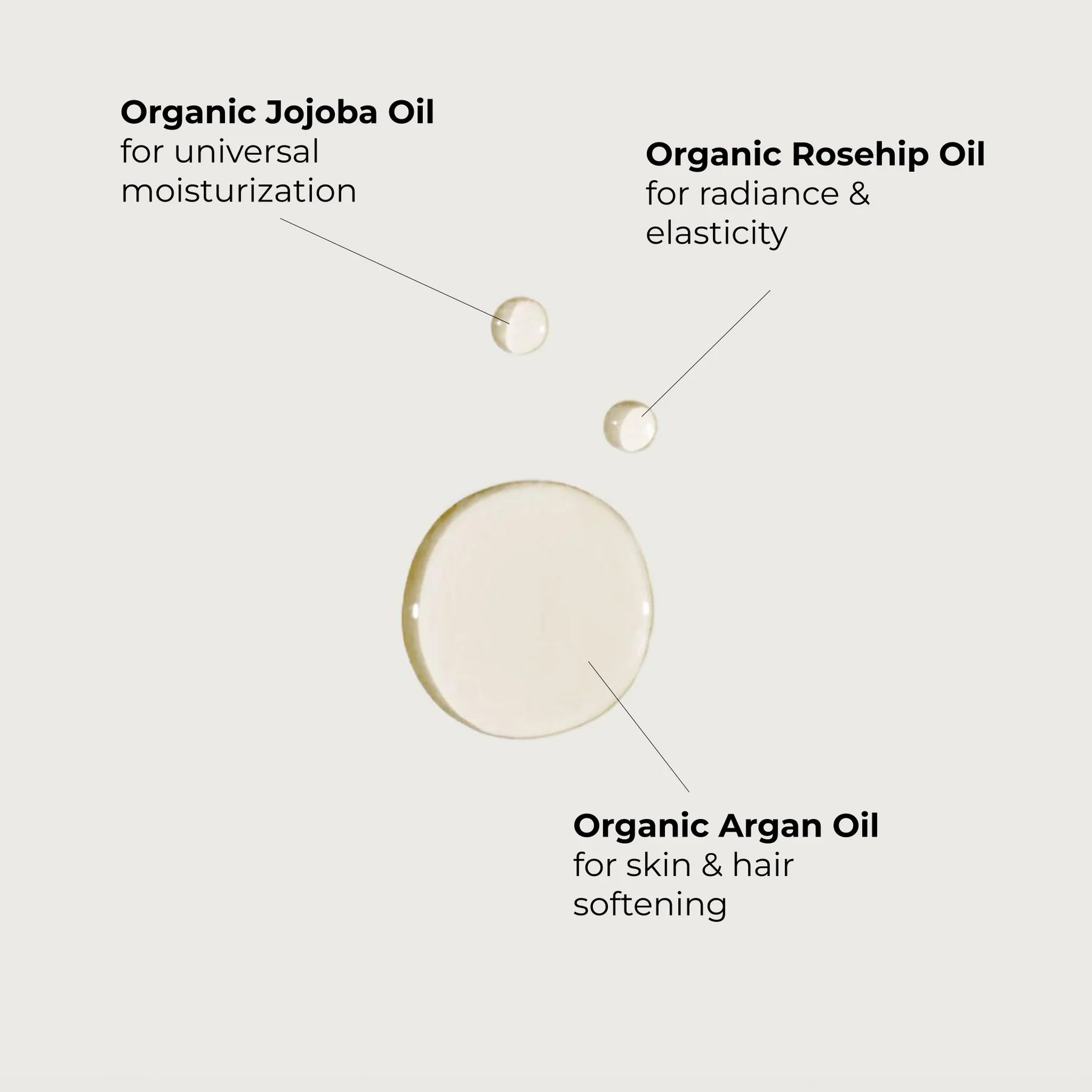 Diagram of organic jojoba oil, rosehip oil, and argan oil with descriptions on a light gray background.