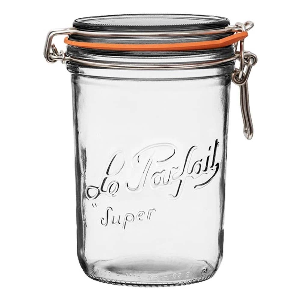 A one liter tapered glass preserving jar with a stainless steel wire clamp and a natural rubber seal, featuring the brand name 'Le Parfait' etched on the glass.