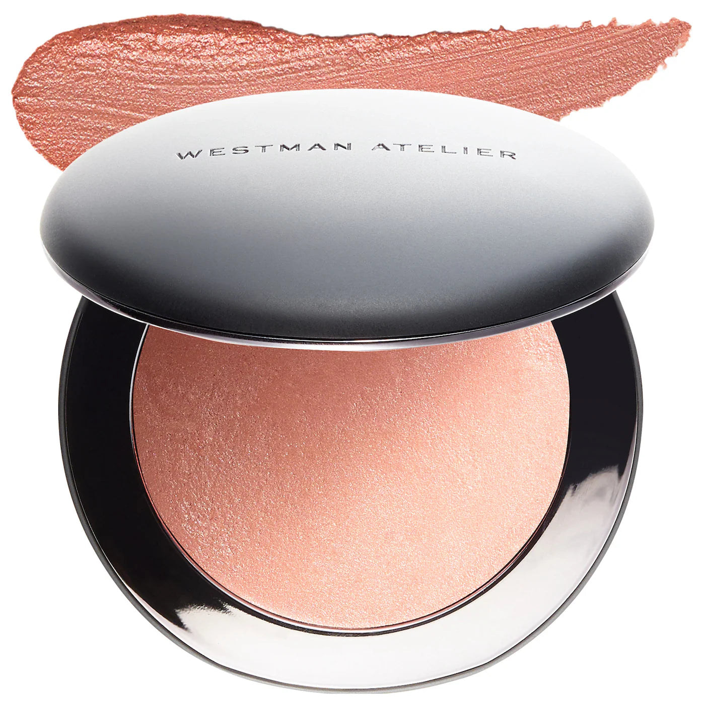Compact blush with a swatch on top, branded 'Westman Atelier', on a white background