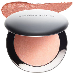 Compact blush with a swatch on top, branded 'Westman Atelier', on a white background