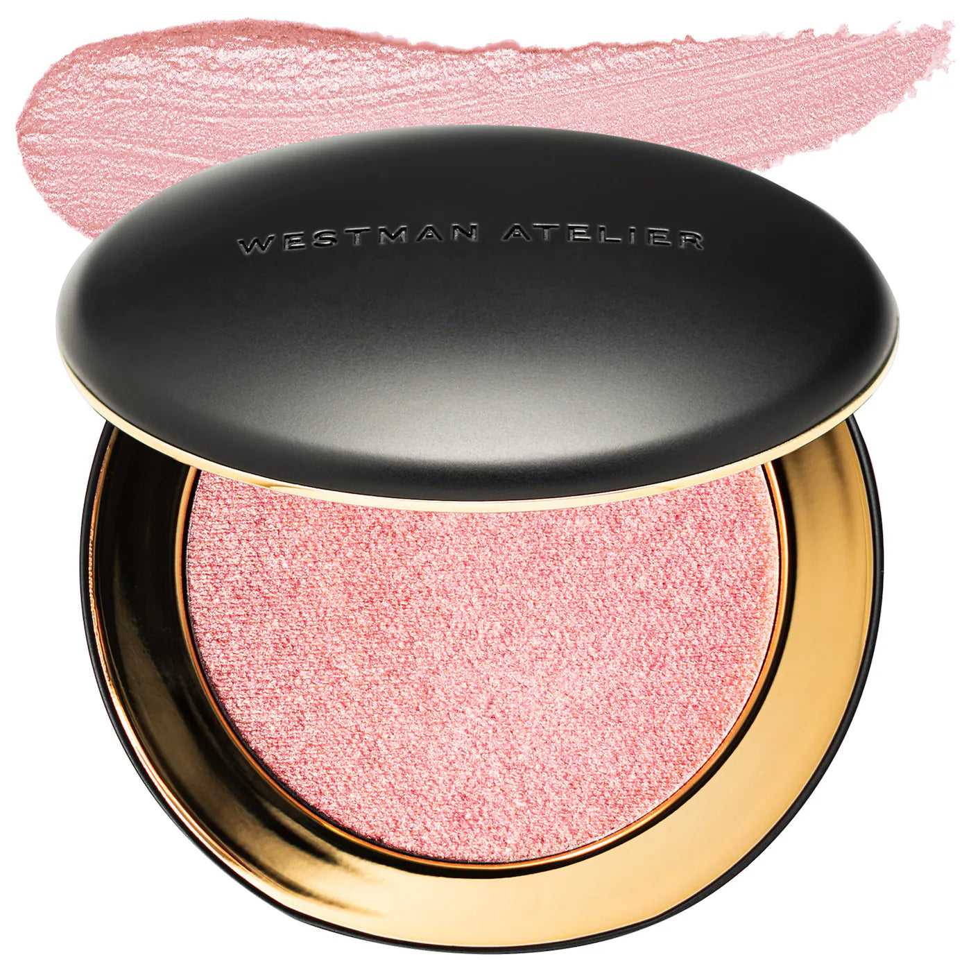Pink blush compact with black lid and gold base, Westman Atelier brand visible