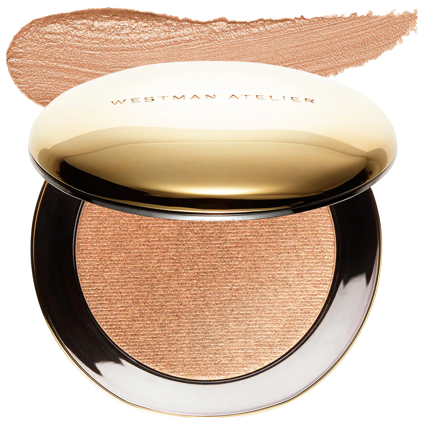 Westman Atelier bronzer compact with gold lid on a white background