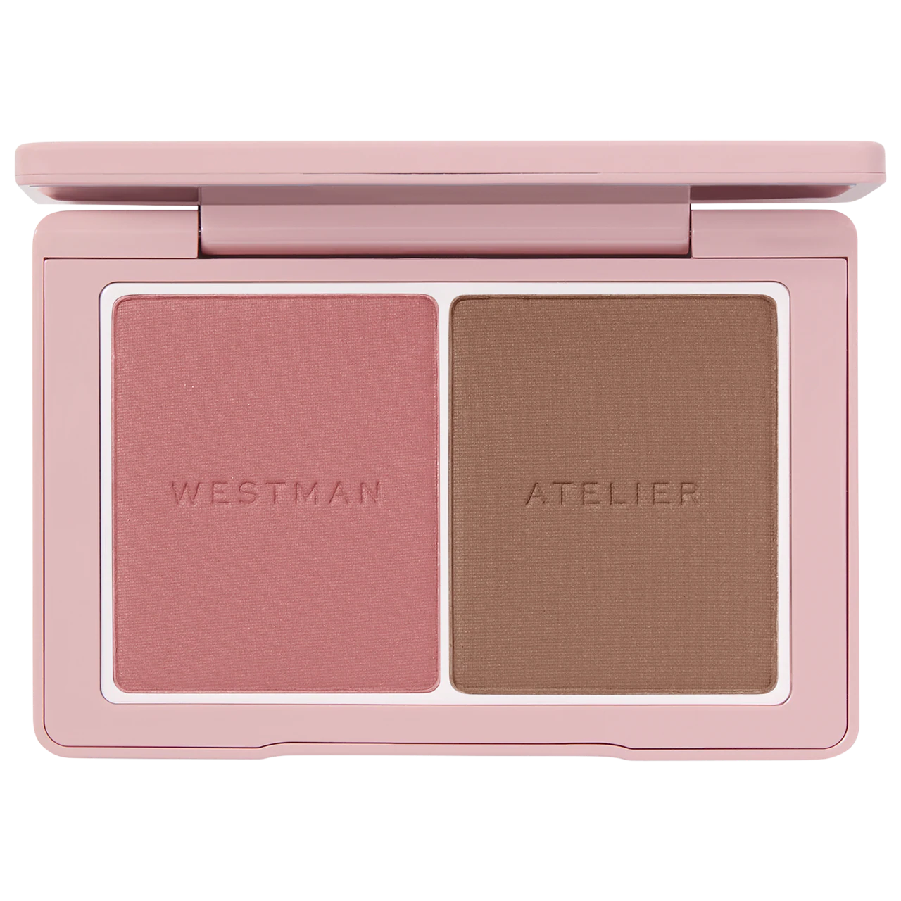 Makeup palette with two shades of blush in a pink case, featuring the brand 'Westman Atelier'.