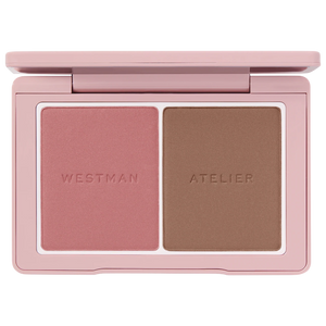Makeup palette with two shades of blush in a pink case, featuring the brand 'Westman Atelier'.