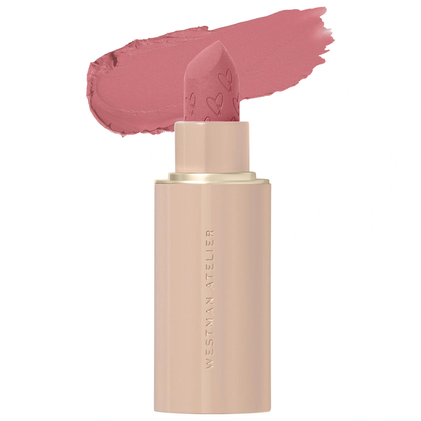 Lipstick with pink shade and Westman Atelier branding on a white background