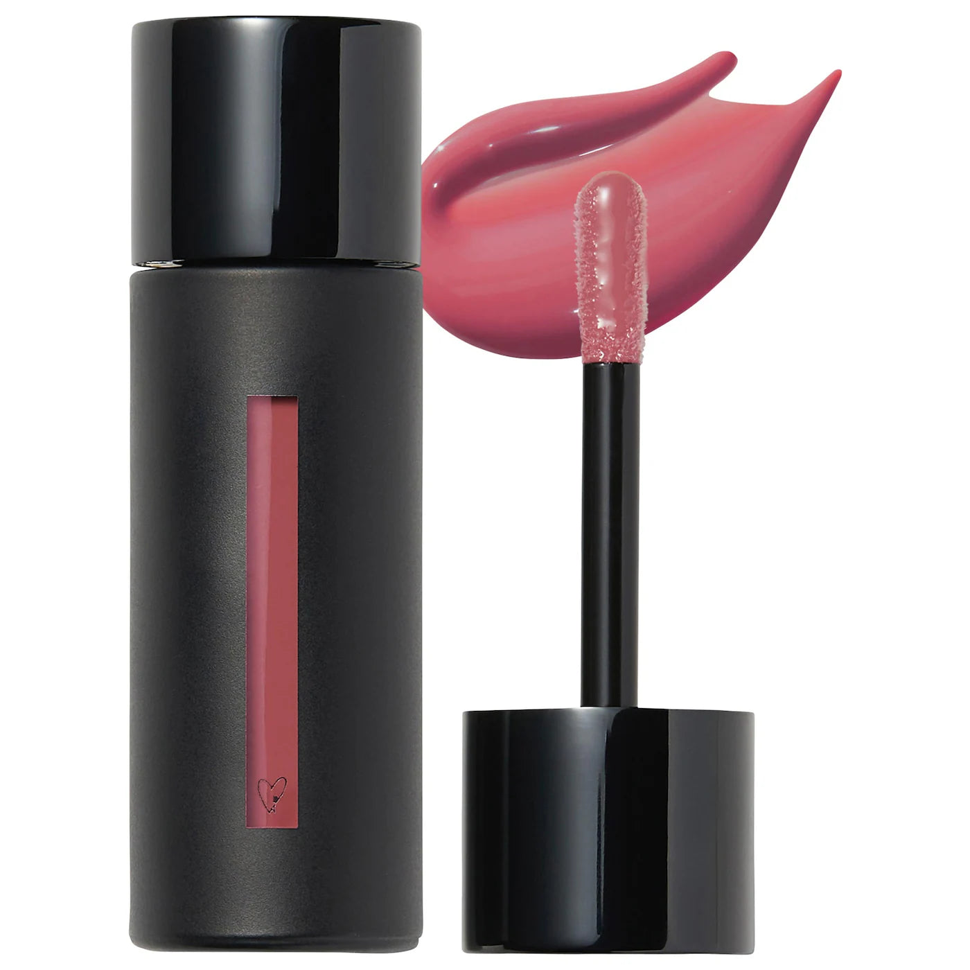 A photo of Westman Atelier Squeaky Clean Liquid Lip Balm with the container to the left and the applicator wand to the right, showing a translucent pink color.