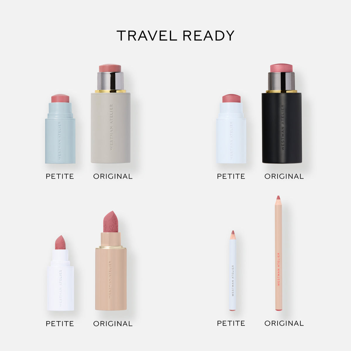 Collection of makeup products with 'Travel Ready' text on a white background