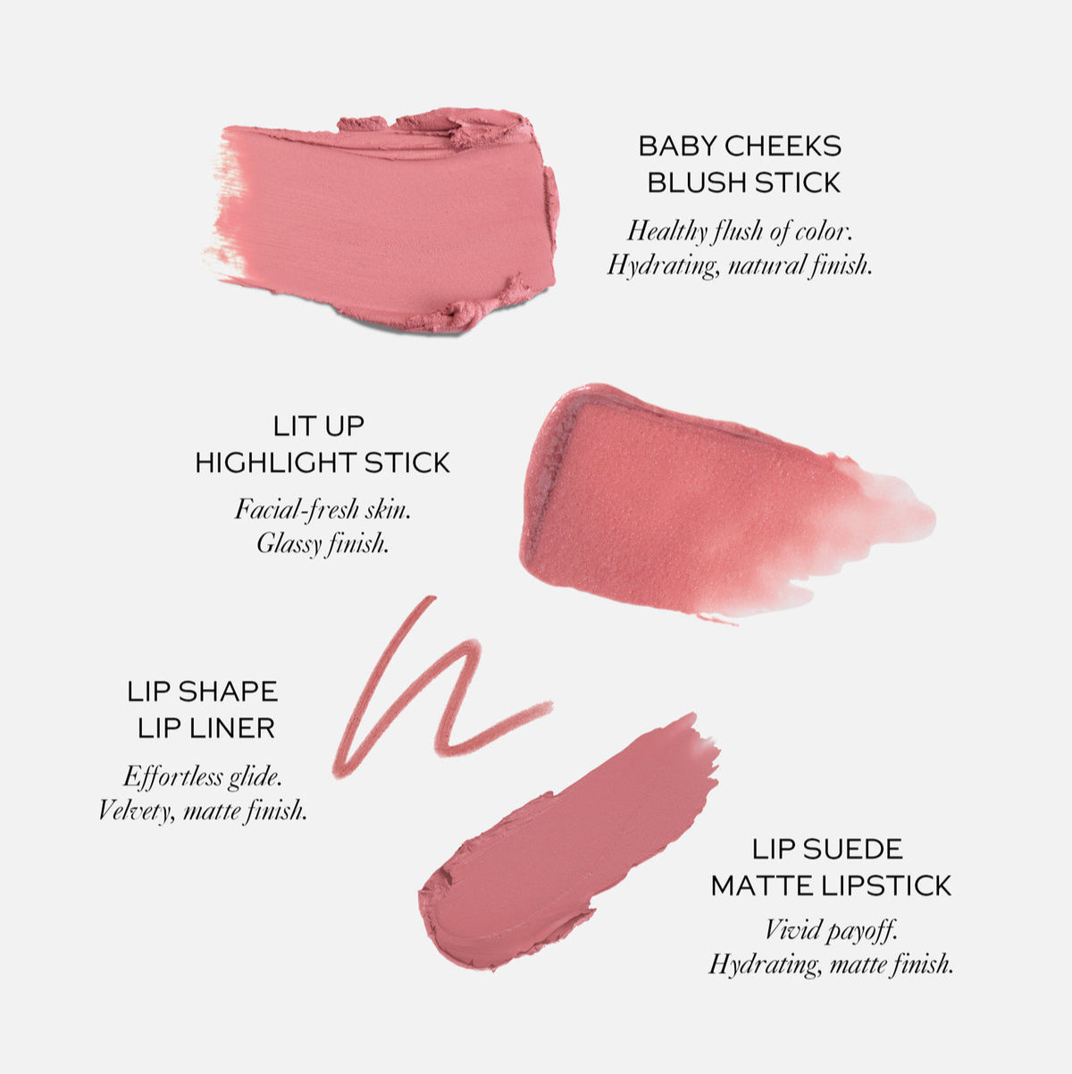 Four pink makeup swatches with product descriptions on a white background