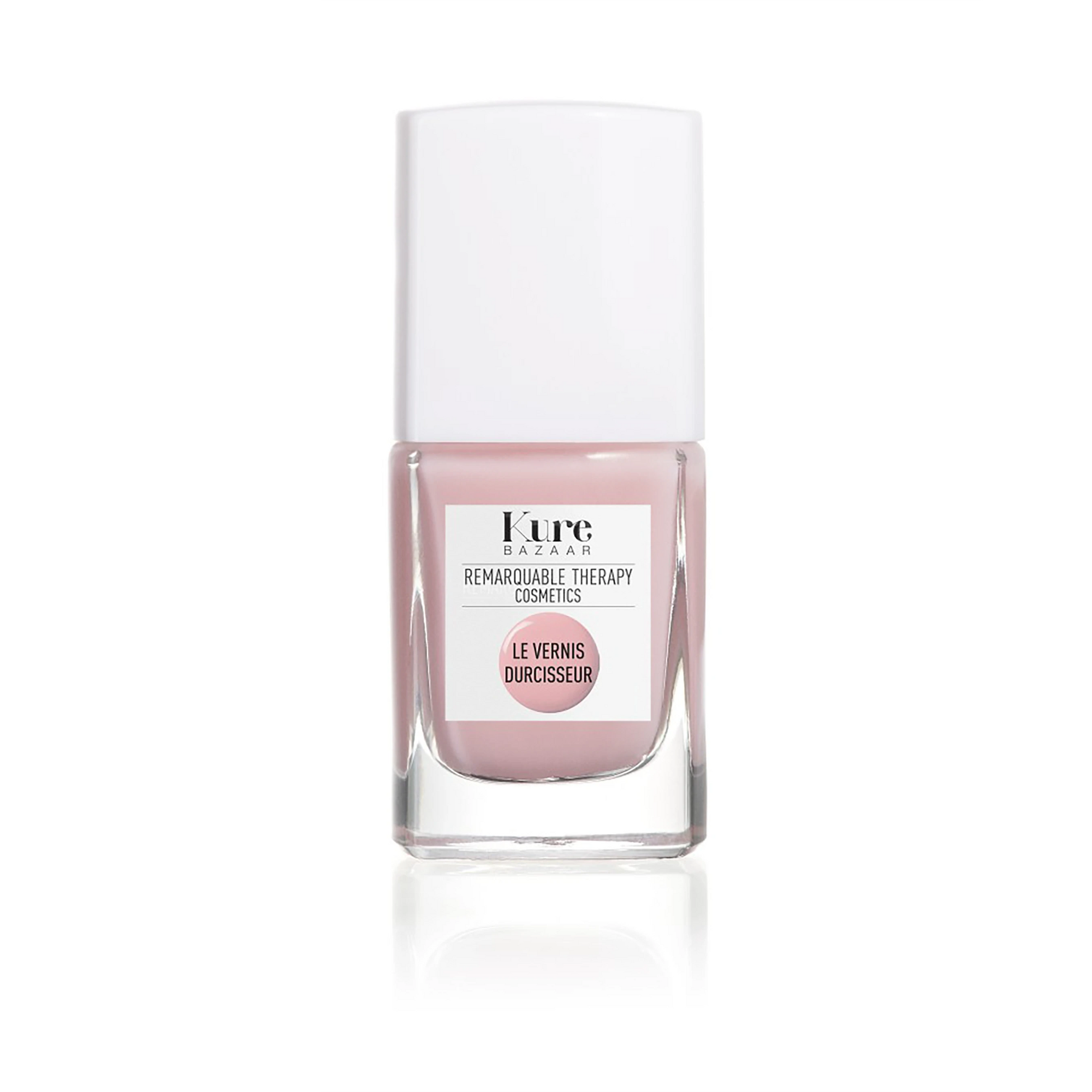 A bottle of Kure Bazaar nail hardener in a rose/pink color, with a white label and cap, on a white background.