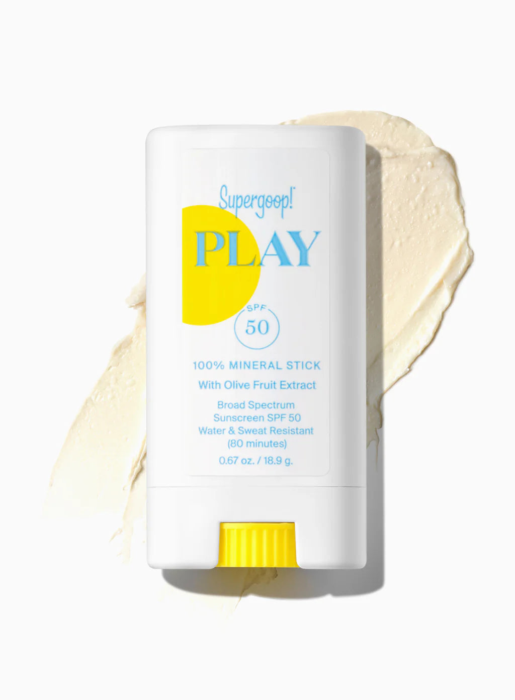 Supergoop! sunscreen stick with a white background