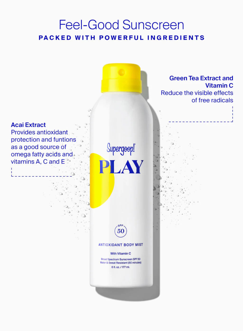 Supergoop! Play sunscreen spray bottle with text about ingredients on a white background
