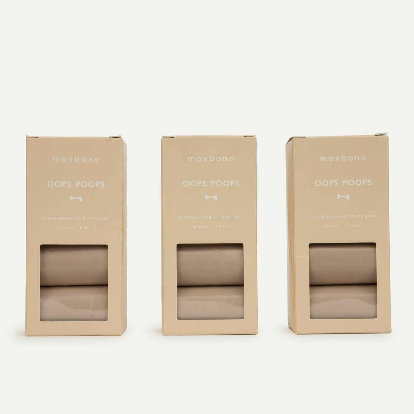 Three boxes of the maxbone biodegradable oops poops pet waste bags