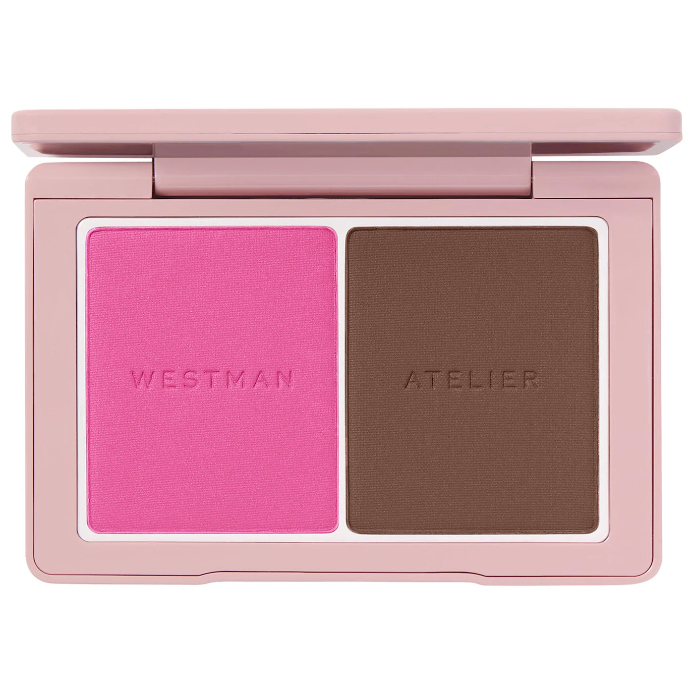 Makeup palette with two shades of blush in a pink case, featuring the brand 'Westman Atelier'.