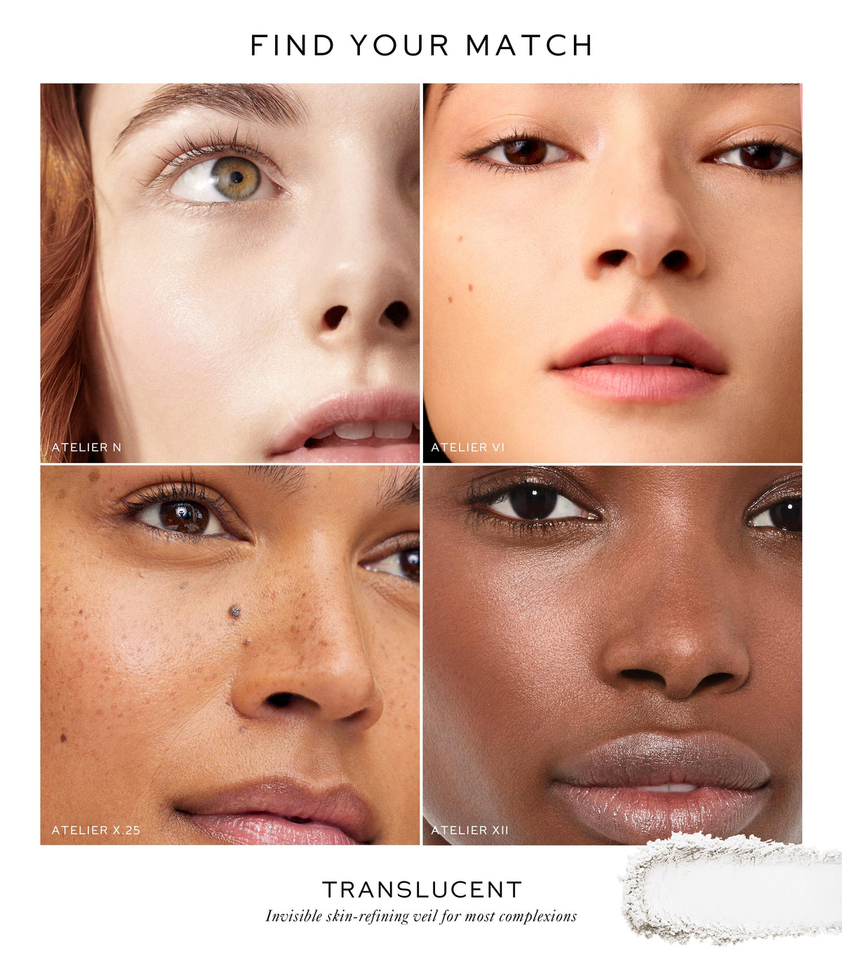 Product advertisement showing close-up faces with different skin tones and a translucent product application.